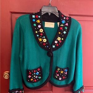 Lisa Nichols green bejeweled vintage holiday cardigan Sz P/L